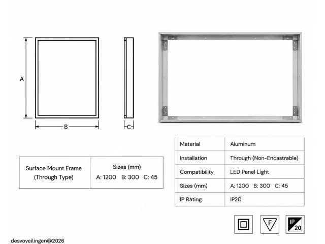 16 x opbouw frame voor led paneel – 1200x300mm – ip20 – frame-30120 - afbeelding 5 van  6