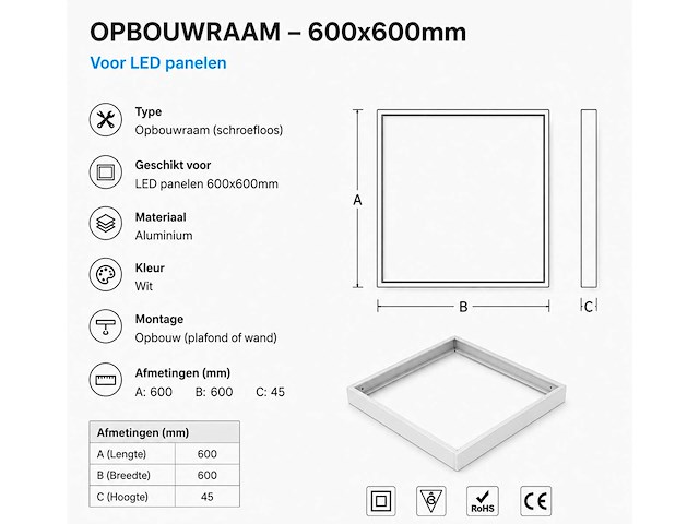 16 x opbouw frame voor led paneel – 600x600mm – ip20 – frame-6060 - afbeelding 4 van  5