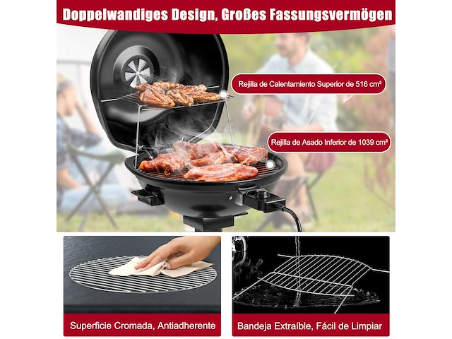 1600w roestvrijstaand elektrische grill met deksel en verstelbare thermostaat - afbeelding 4 van  8