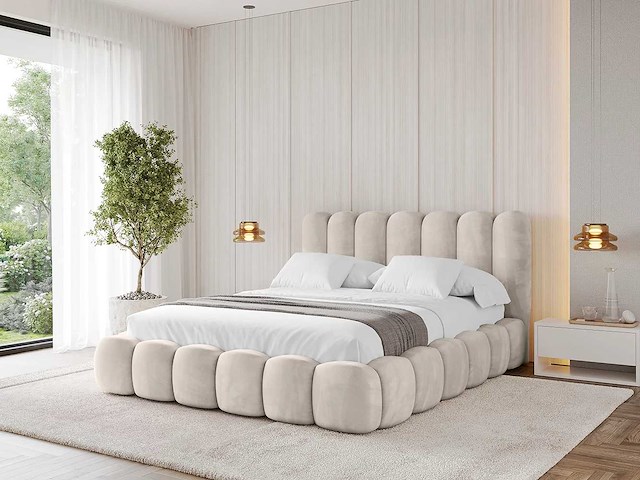 160x200 bed met opbergruimte - beige fluweel - afbeelding 1 van  8