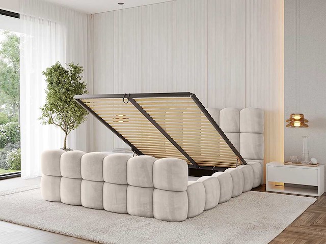 180x200 bed met opbergruimte - beige fluweel - afbeelding 1 van  13