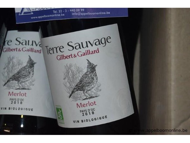 18x fles rode wijn, terre sauvage gilbert & gaillard, merlot pays d'oc 2018, 750ml - afbeelding 2 van  3
