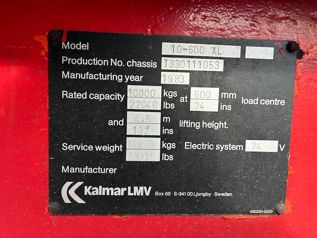 1983 kalmar lmv 10-600 xl *10 ton* vorkheftruck - afbeelding 2 van  10
