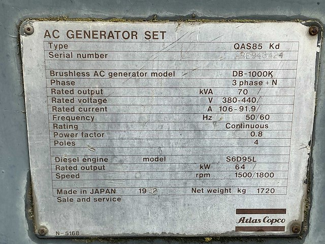 1992 atlascopco qas85 kd stroomaggregaat - afbeelding 3 van  8