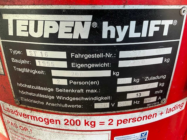 1995 teupen hylift st 16 telescopische spin hoogtewerker - afbeelding 12 van  24