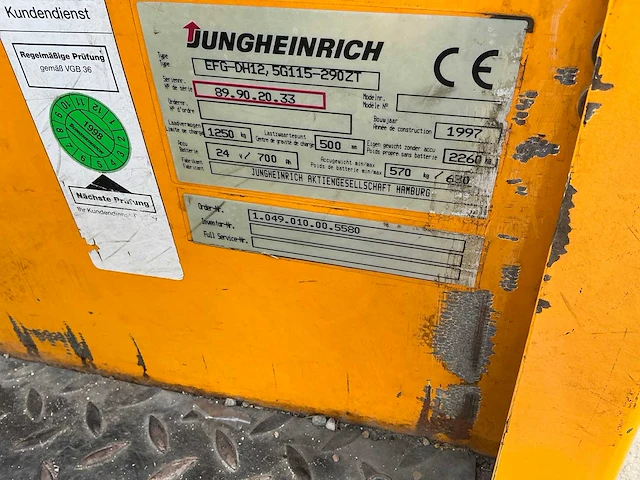 1997 jungheinrich efg-dh12, 5g115-290zt vorkheftruck - afbeelding 3 van  20