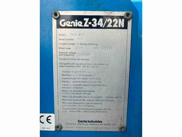 1998 genie z-34/22n hoogwerker - afbeelding 6 van  20