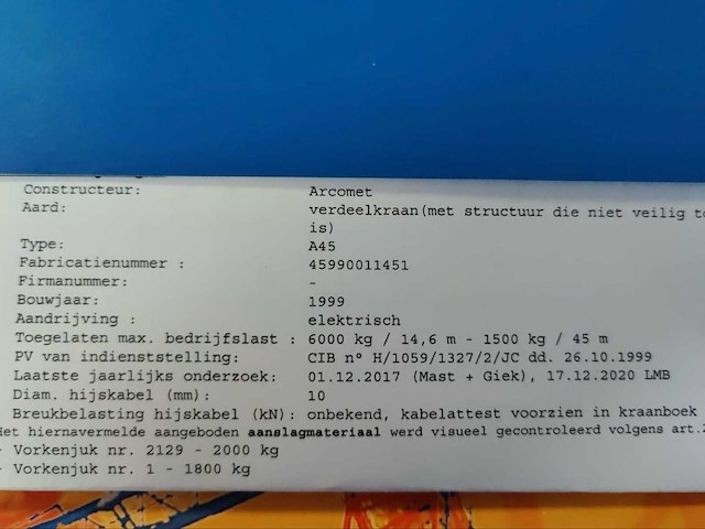 1999 arcomet a45 snelmontagekraan (6t) + stroomaggregaat - afbeelding 17 van  26