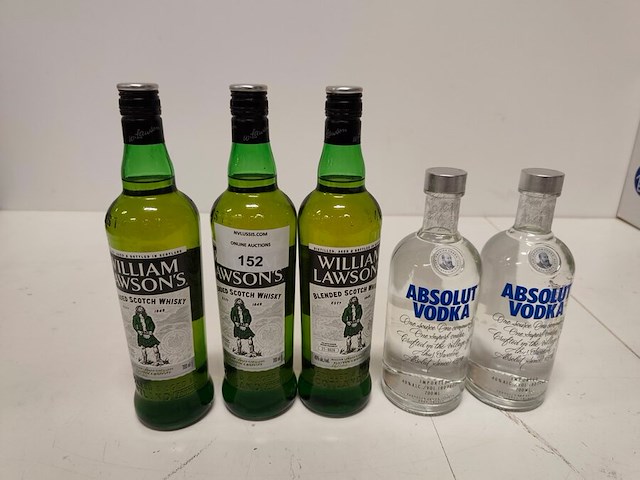 2 flessen absolut vodka 40,00% 70cl, 3 flessen whisky william lawsons 40,00% 70cl - afbeelding 1 van  4