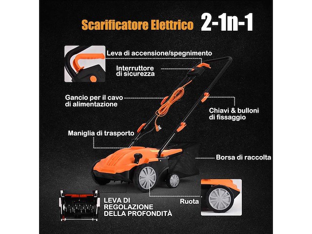 2-in-1 elektrische scarifier, gazonbeluchter, 30l grasverzamelaar, 1800w wiedmachine - afbeelding 5 van  10