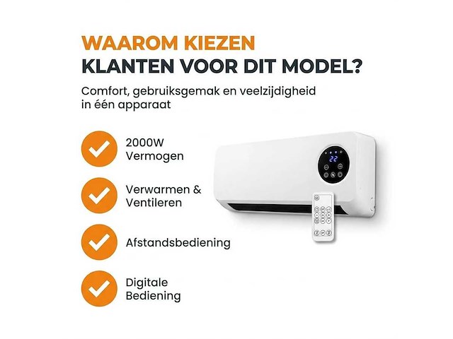 2-in-1 ventilator en verwarming 2000w – wandgemonteerde ventilatorkachel met timer, thermostaat en afstandsbediening – energiezuinig model (4x) - afbeelding 5 van  6