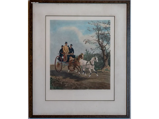 2 ingelijste prenten met paardenspannen / koetsen - afbeelding 1 van  2