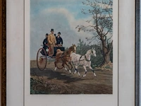 2 ingelijste prenten met paardenspannen / koetsen