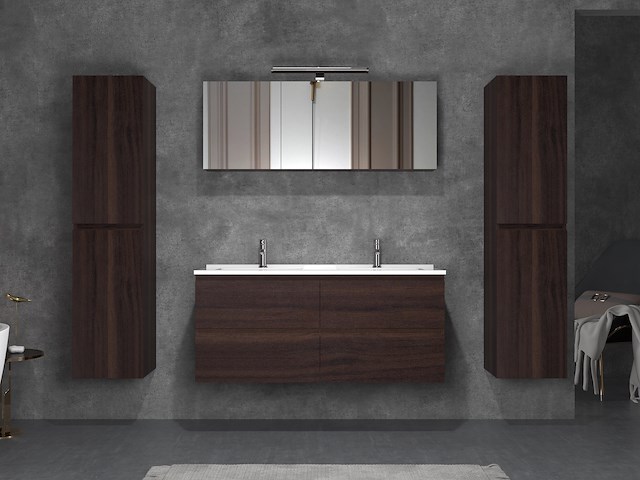 2-persoons badkamermeubel 120 cm donker hout decor - incl. kranen - afbeelding 1 van  4