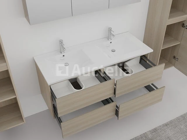 2-persoons badkamermeubel 120 cm licht hout decor - incl. kranen - afbeelding 3 van  6