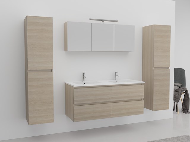 2-persoons badkamermeubel 120 cm licht hout decor - incl. kranen - afbeelding 1 van  6