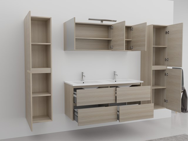 2-persoons badkamermeubel 120 cm licht hout decor - incl. kranen - afbeelding 2 van  6