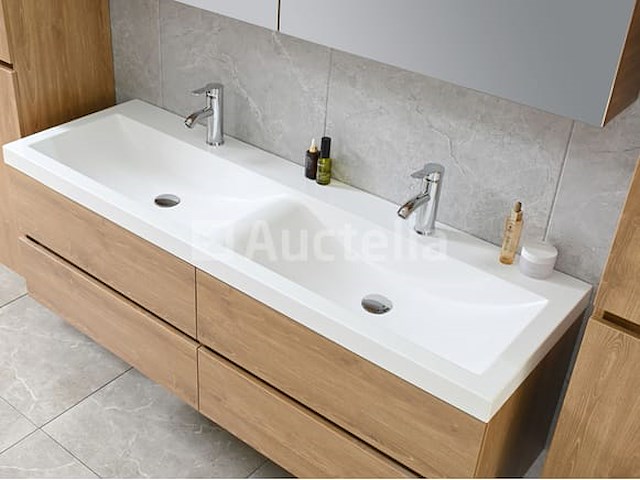 2-persoons badkamermeubel 145 cm licht hout decor - incl. kranen - afbeelding 2 van  12