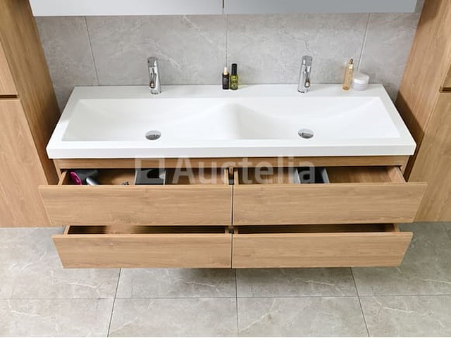 2-persoons badkamermeubel 145 cm licht hout decor - incl. kranen - afbeelding 9 van  12
