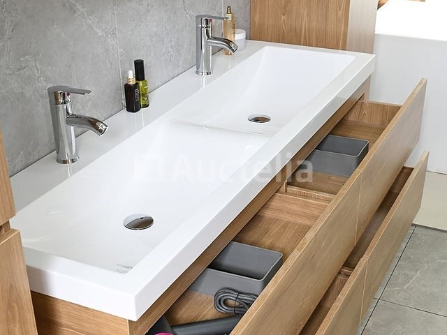2-persoons badkamermeubel 145 cm licht hout decor - incl. kranen - afbeelding 5 van  12