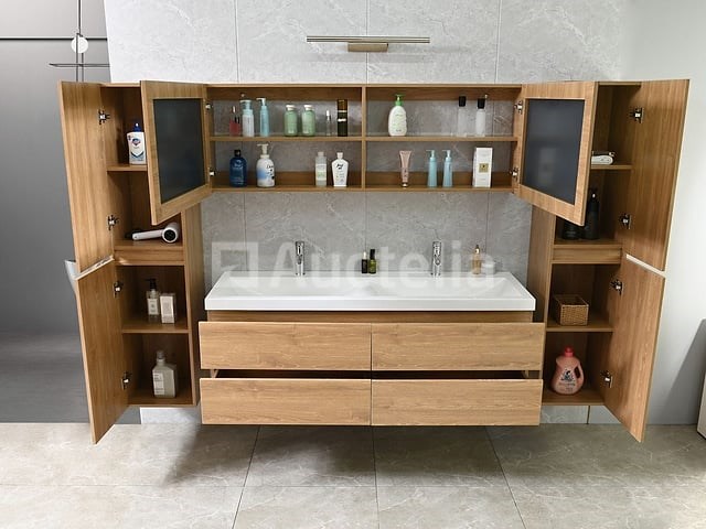 2-persoons badkamermeubel 145 cm licht hout decor - incl. kranen - afbeelding 7 van  12