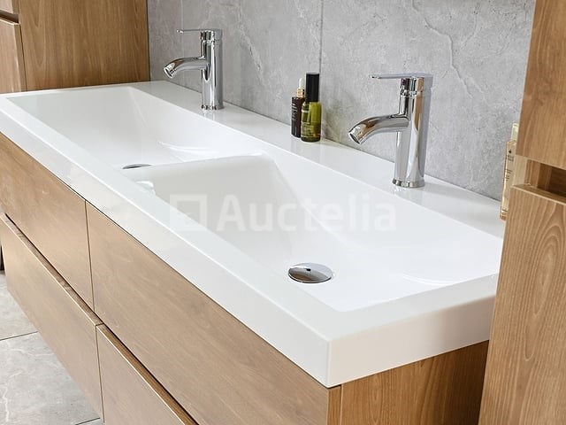 2-persoons badkamermeubel 145 cm licht hout decor - incl. kranen - afbeelding 9 van  12