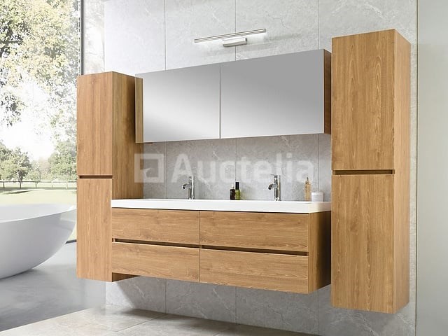 2-persoons badkamermeubel 145 cm licht hout decor - incl. kranen - afbeelding 10 van  12