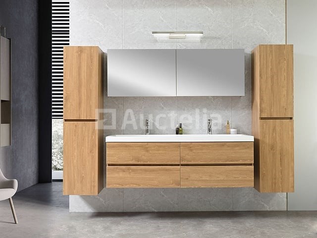 2-persoons badkamermeubel 145 cm licht hout decor - incl. kranen - afbeelding 11 van  12