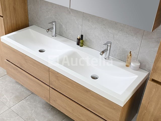 2-persoons badkamermeubel 145 cm licht hout decor - incl. kranen - afbeelding 12 van  12