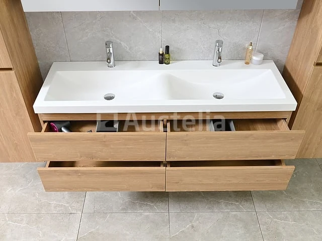 2-persoons badkamermeubel 145 cm licht hout decor - incl. kranen - afbeelding 12 van  12