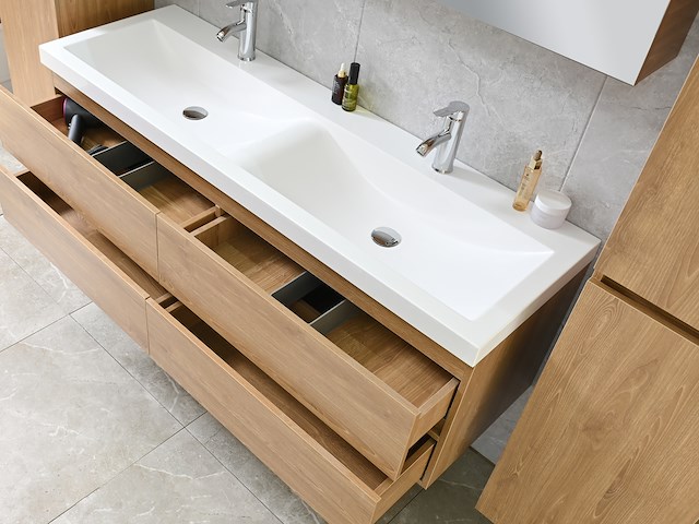 2-persoons badkamermeubel 145 cm licht hout decor - incl. kranen - afbeelding 7 van  12