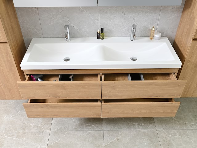 2-persoons badkamermeubel 145 cm licht hout decor - incl. kranen - afbeelding 7 van  12