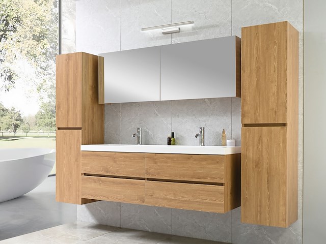 2-persoons badkamermeubel 145 cm licht hout decor - incl. kranen - afbeelding 7 van  12
