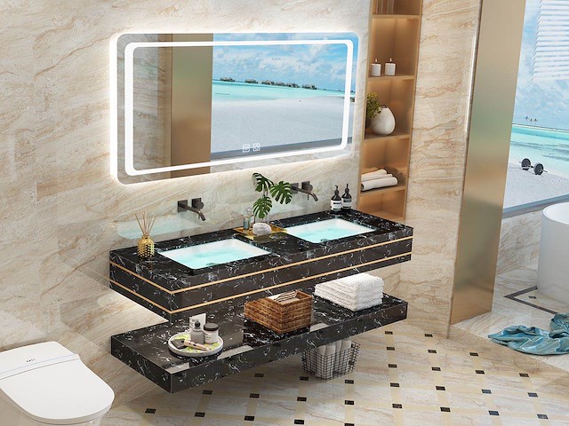 2-persoons badkamermeubel 150 cm zwart marmer - incl. kranen - afbeelding 2 van  4