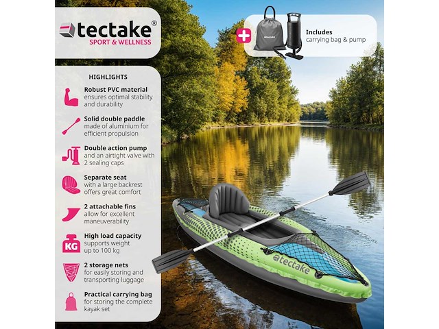 2-persoons opblaasbare kajak met 2 dubbele peddels en accessoires - afbeelding 3 van  10