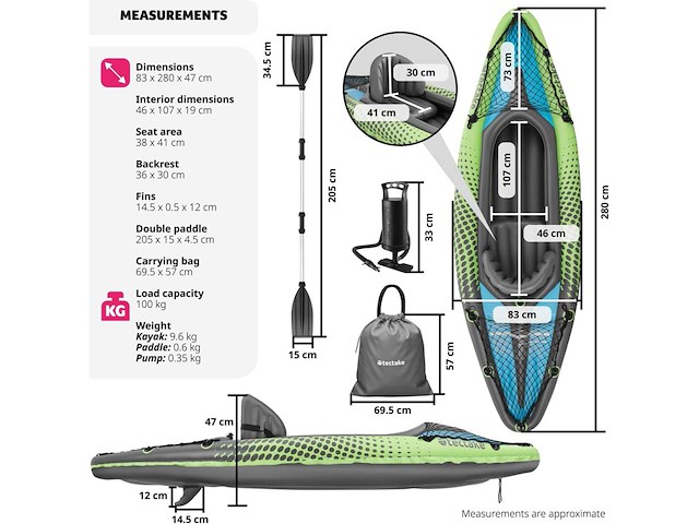 2-persoons opblaasbare kajak met 2 dubbele peddels en accessoires - afbeelding 7 van  10