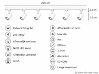 2 x 1-fase railverlichting set – 2 meter – wit – inclusief 6 x gu10 railspots - afbeelding 4 van  5
