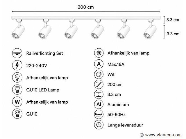 2 x 1-fase railverlichting set – 2 meter – wit – inclusief 6 x gu10 railspots - afbeelding 4 van  5
