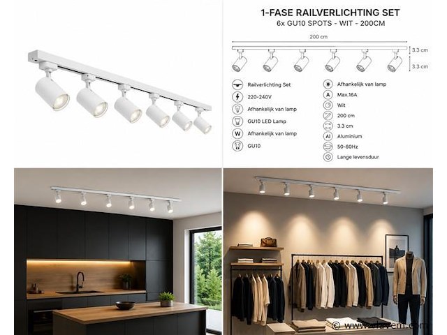 2 x 1-fase railverlichting set – 2 meter – wit – inclusief 6 x gu10 railspots - afbeelding 5 van  5