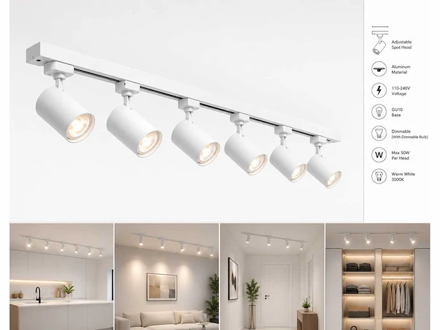 2 x 1-fase railverlichting set – 2 meter – wit – inclusief 6 x gu10 railspots - afbeelding 1 van  5