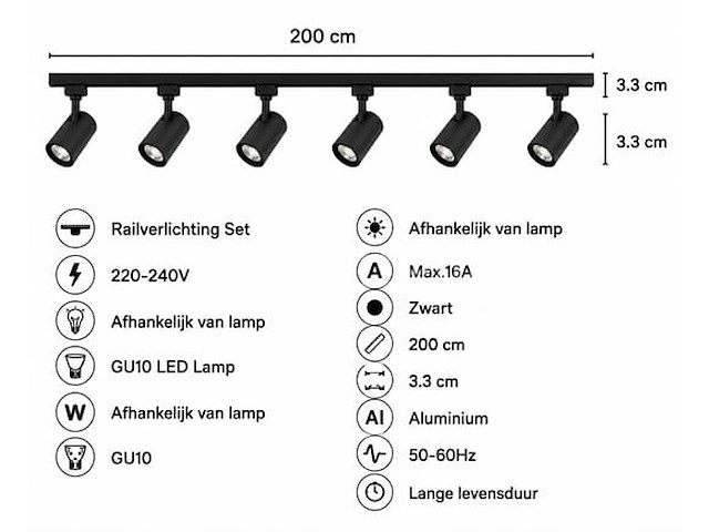 2 x 1-fase railverlichting set – 2 meter – zwart – inclusief 6 x gu10 railspots - afbeelding 3 van  5