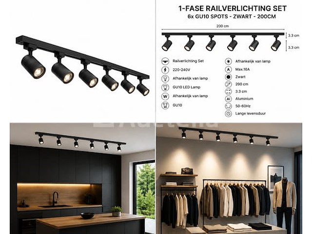 2 x 1-fase railverlichting set – 2 meter – zwart – inclusief 6 x gu10 railspots - afbeelding 4 van  5