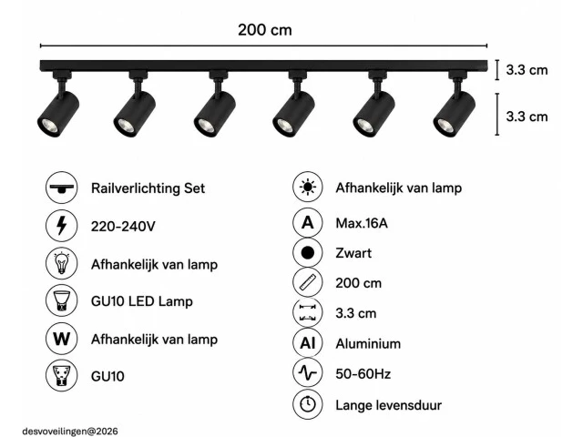 2 x 1-fase railverlichting set – 2 meter – zwart – inclusief 6 x gu10 railspots - afbeelding 5 van  6