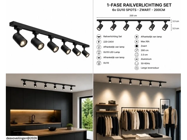 2 x 1-fase railverlichting set – 2 meter – zwart – inclusief 6 x gu10 railspots - afbeelding 6 van  6