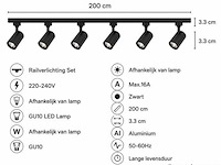 2 x 1-fase railverlichting set – 2 meter – zwart – inclusief 6 x gu10 railspots - afbeelding 4 van  5