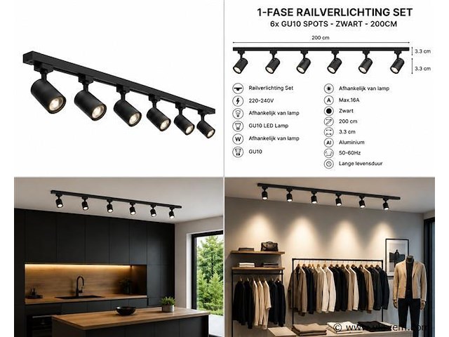 2 x 1-fase railverlichting set – 2 meter – zwart – inclusief 6 x gu10 railspots - afbeelding 5 van  5