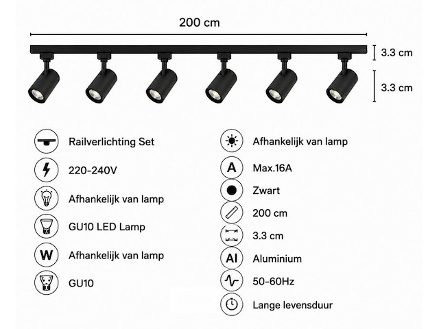 2 x 1-fase railverlichting set – 2 meter – zwart – inclusief 6 x gu10 railspots - afbeelding 5 van  6