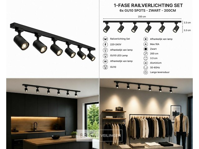 2 x 1-fase railverlichting set – 2 meter – zwart – inclusief 6 x gu10 railspots - afbeelding 6 van  6