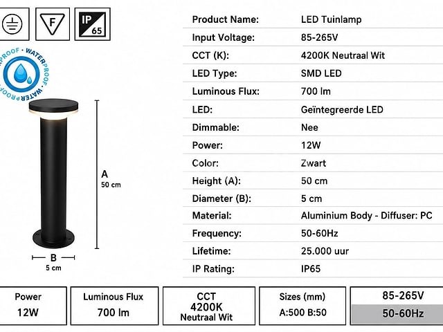 2 x led buiten sokkel lamp – 12w – 4200k neutraal wit - zwart – ip65 – dexter-3 - afbeelding 4 van  5