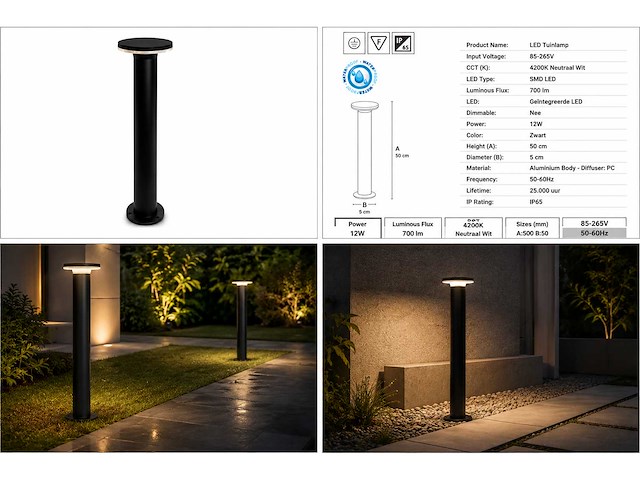 2 x led buiten sokkel lamp – 12w – 4200k neutraal wit - zwart – ip65 – dexter-3 - afbeelding 6 van  10